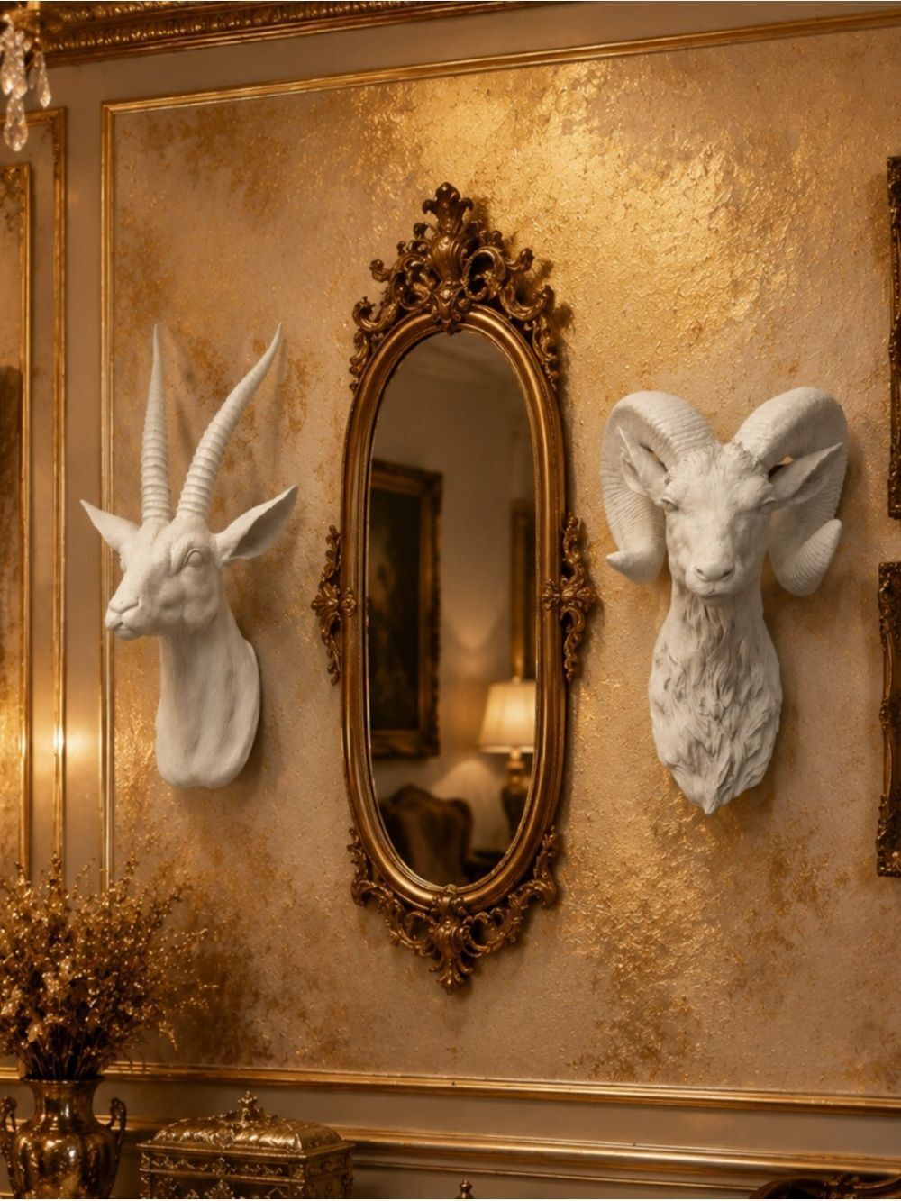 Vintage Pottery Barn White Resin Antelope and Sheep Sculptures Duo Wall Plaques
